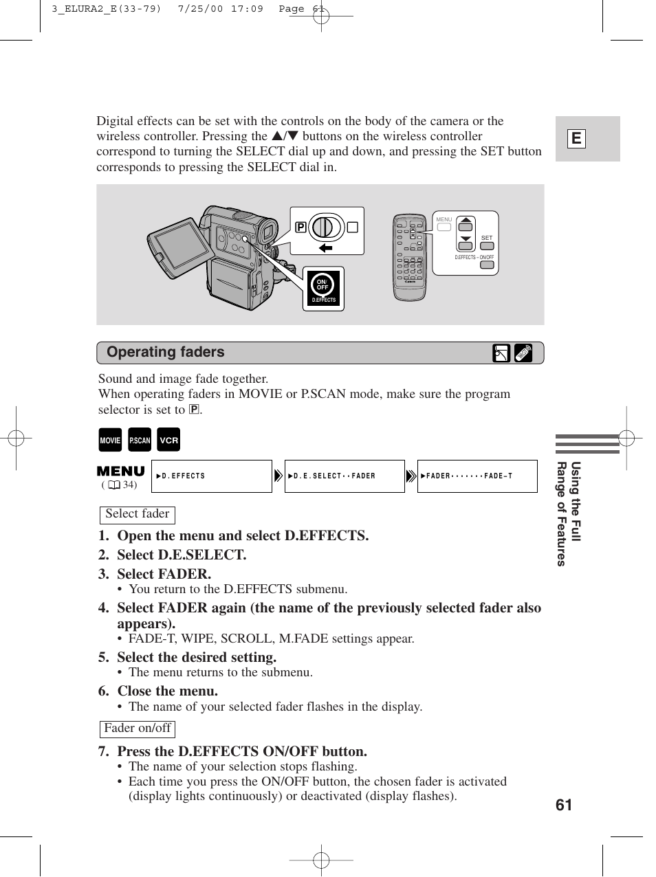 61 e, Operating faders, Select the desired setting | Close the menu, Press the d.effects on/off button | Canon Elura 2 MC User Manual | Page 61 / 147
