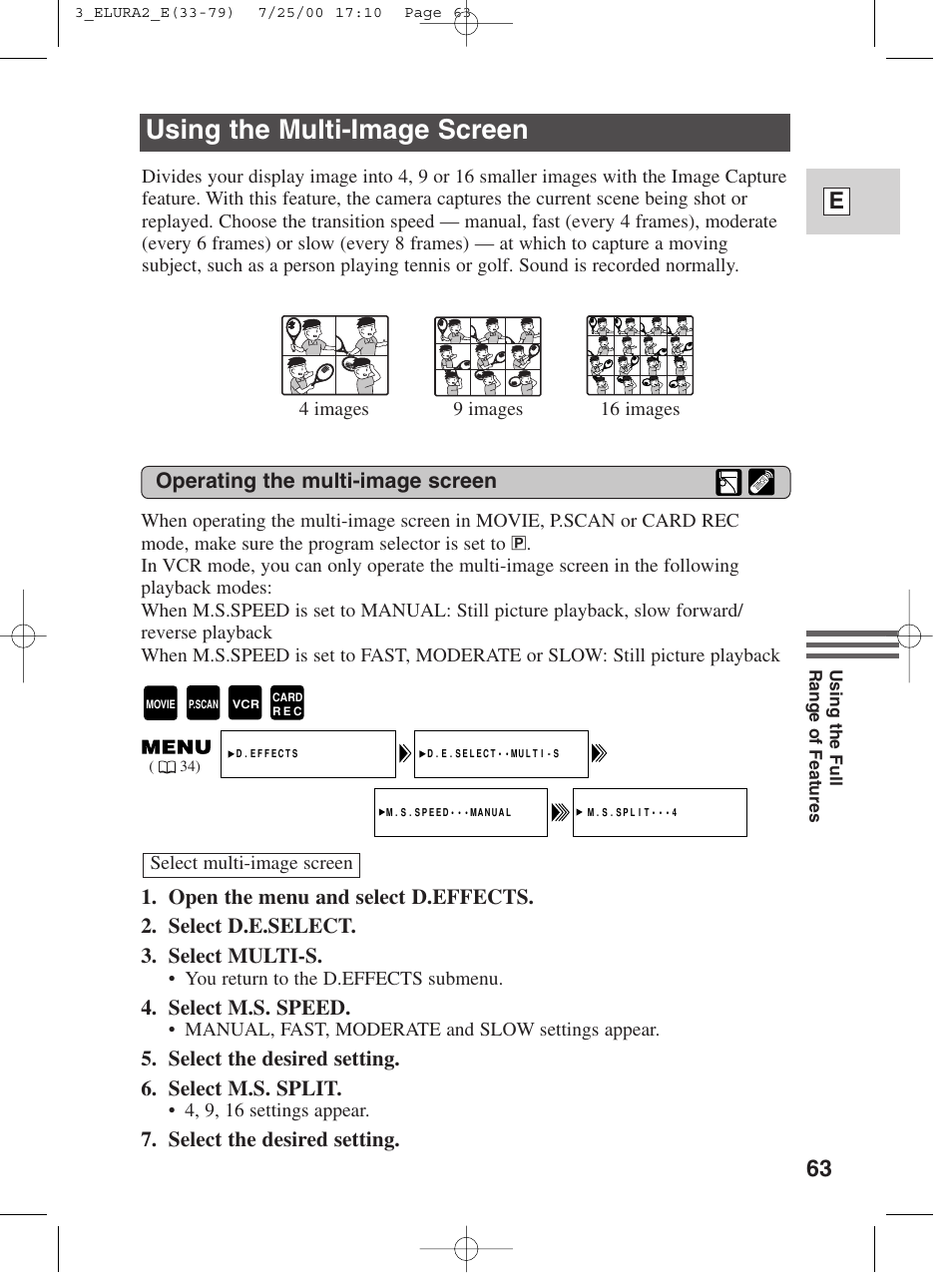 Using the multi-image screen, 63 e, Operating the multi-image screen | Select m.s. speed, Select the desired setting. 6. select m.s. split, Select the desired setting | Canon Elura 2 MC User Manual | Page 63 / 147