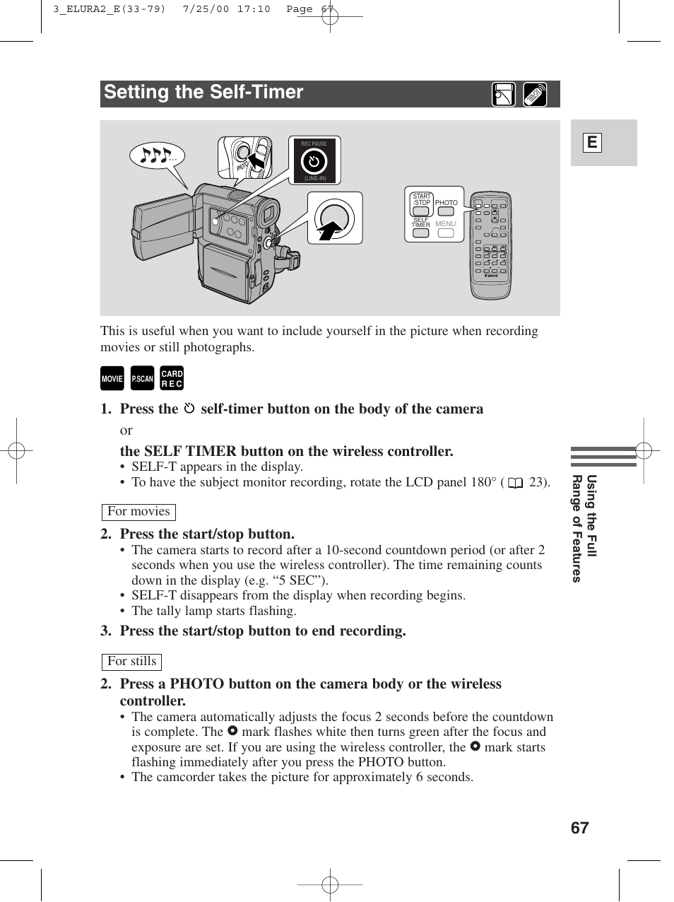 Setting the self-timer, 67 e, Press the start/stop button | Canon Elura 2 MC User Manual | Page 67 / 147