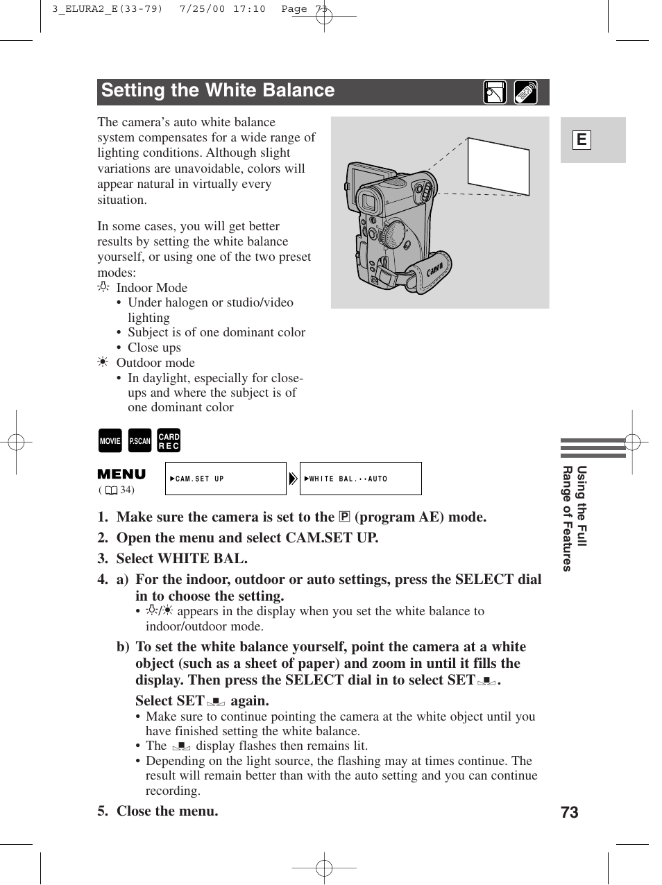 Setting the white balance, 73 e | Canon Elura 2 MC User Manual | Page 73 / 147