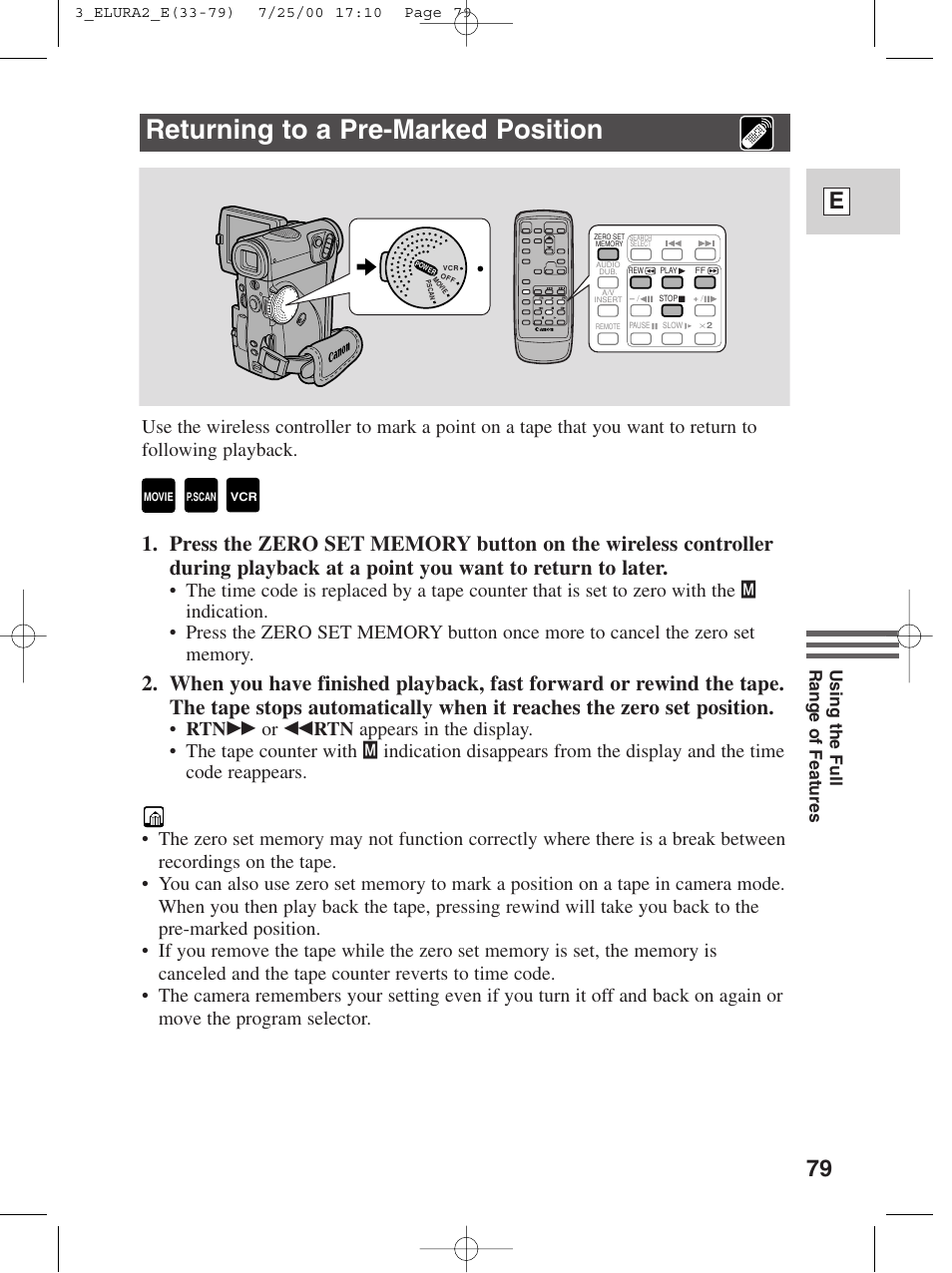 Returning to a pre-marked position, 79 e, Using the full range of features | Canon Elura 2 MC User Manual | Page 79 / 147