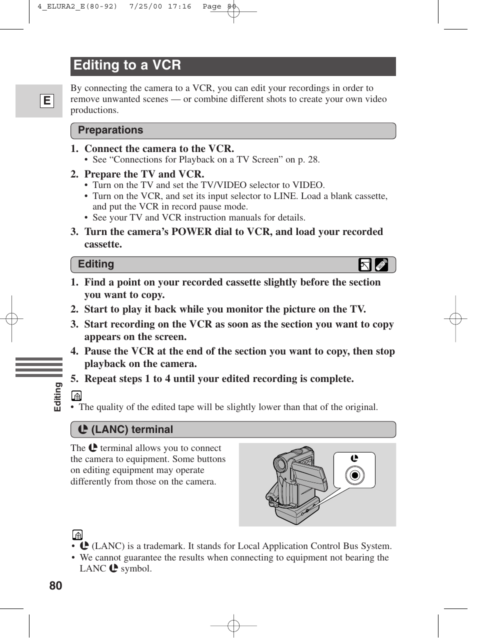 Editing to a vcr | Canon Elura 2 MC User Manual | Page 80 / 147