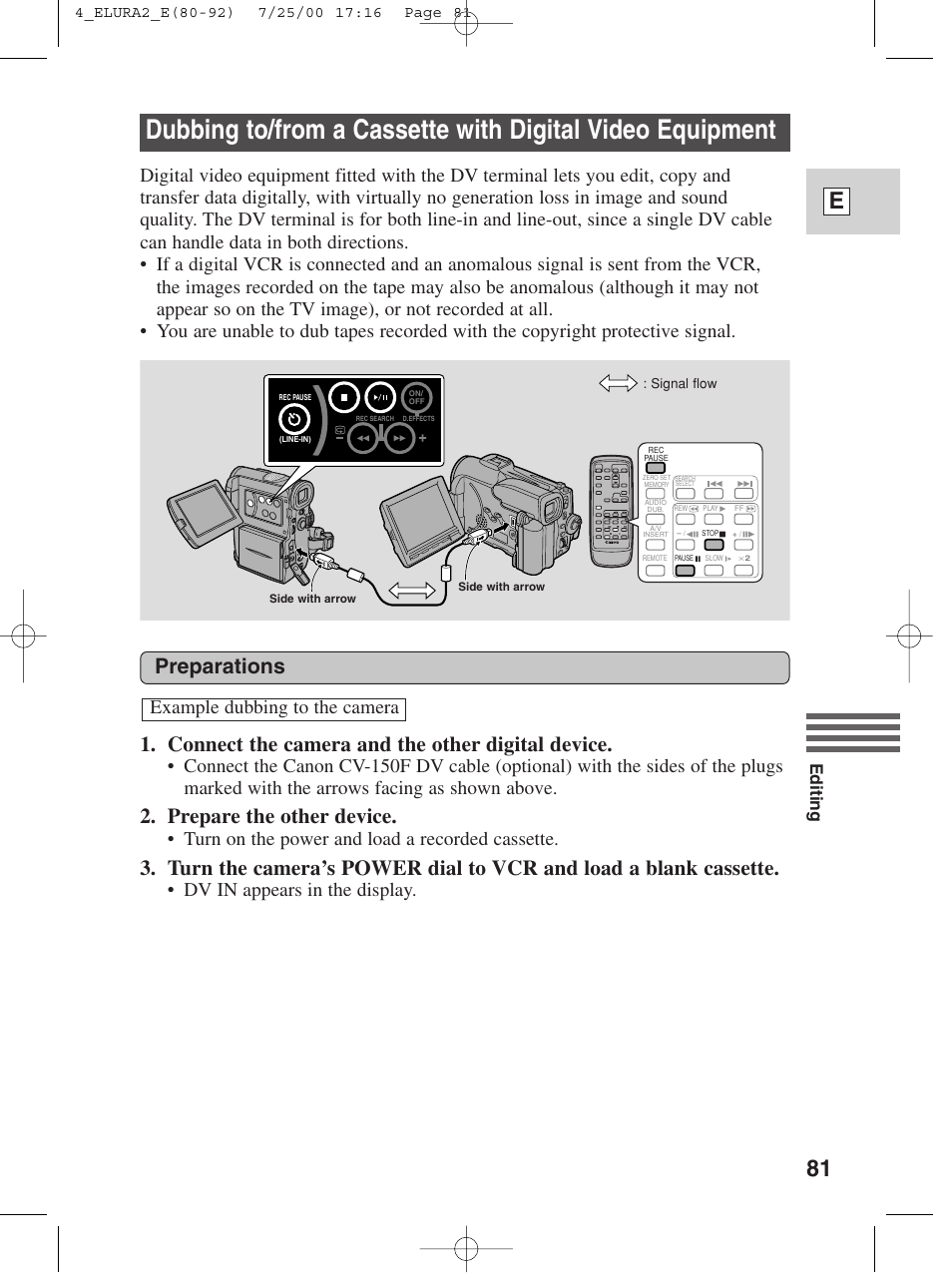81 e, Connect the camera and the other digital device, Prepare the other device | Preparations, Turn on the power and load a recorded cassette, Editing | Canon Elura 2 MC User Manual | Page 81 / 147