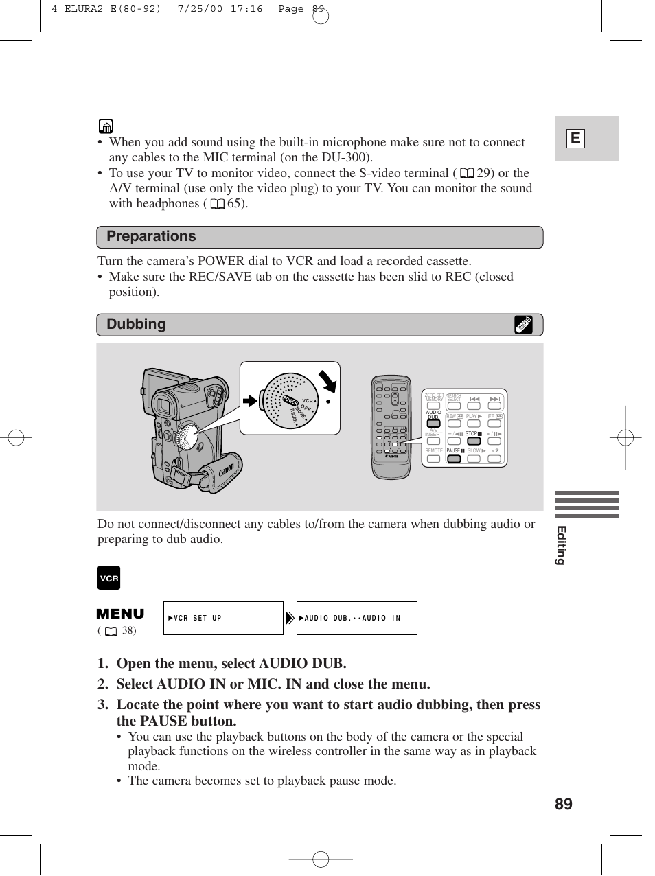 89 e, Preparations dubbing, Editing | Canon Elura 2 MC User Manual | Page 89 / 147