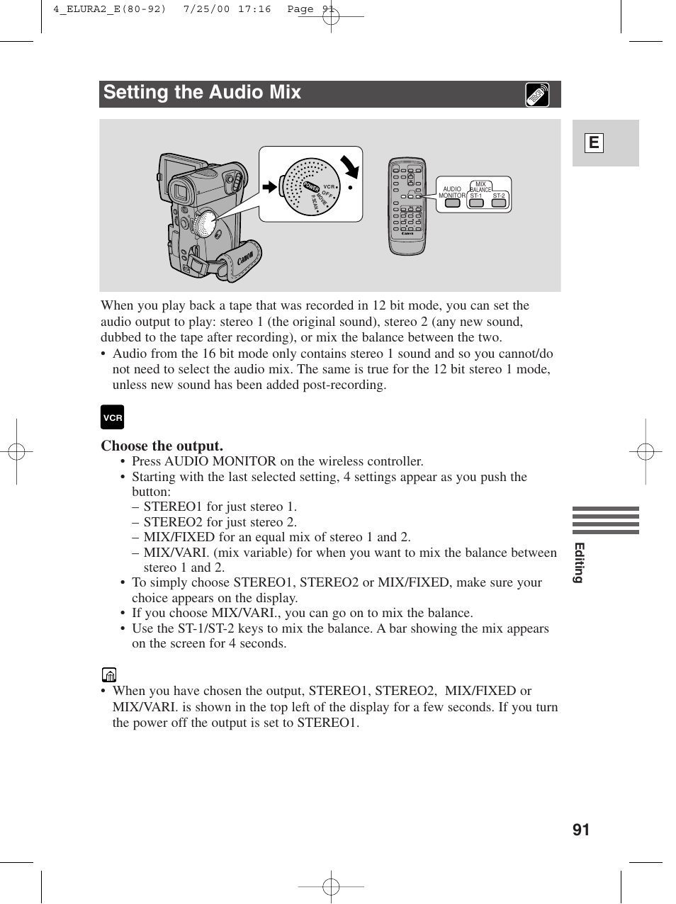 Setting the audio mix, 91 e, Choose the output | Canon Elura 2 MC User Manual | Page 91 / 147