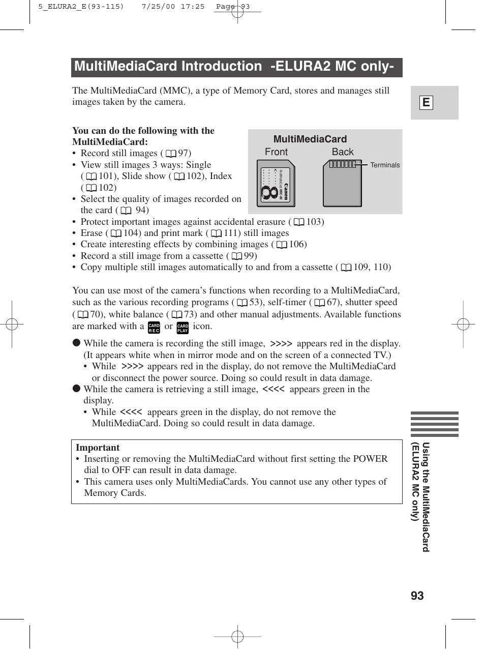 Multimediacard introduction -elura2 mc only, 93 e | Canon Elura 2 MC User Manual | Page 93 / 147