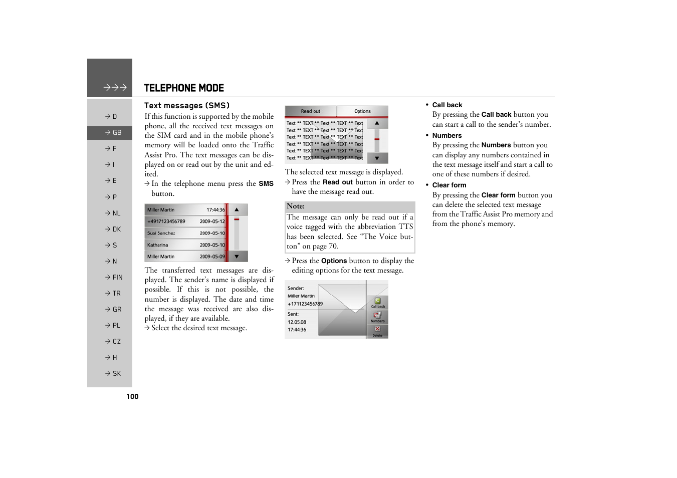 Text messages (sms), Telephone mode | Becker TRAFFIC ASSIST PRO Z302 User Manual | Page 100 / 138