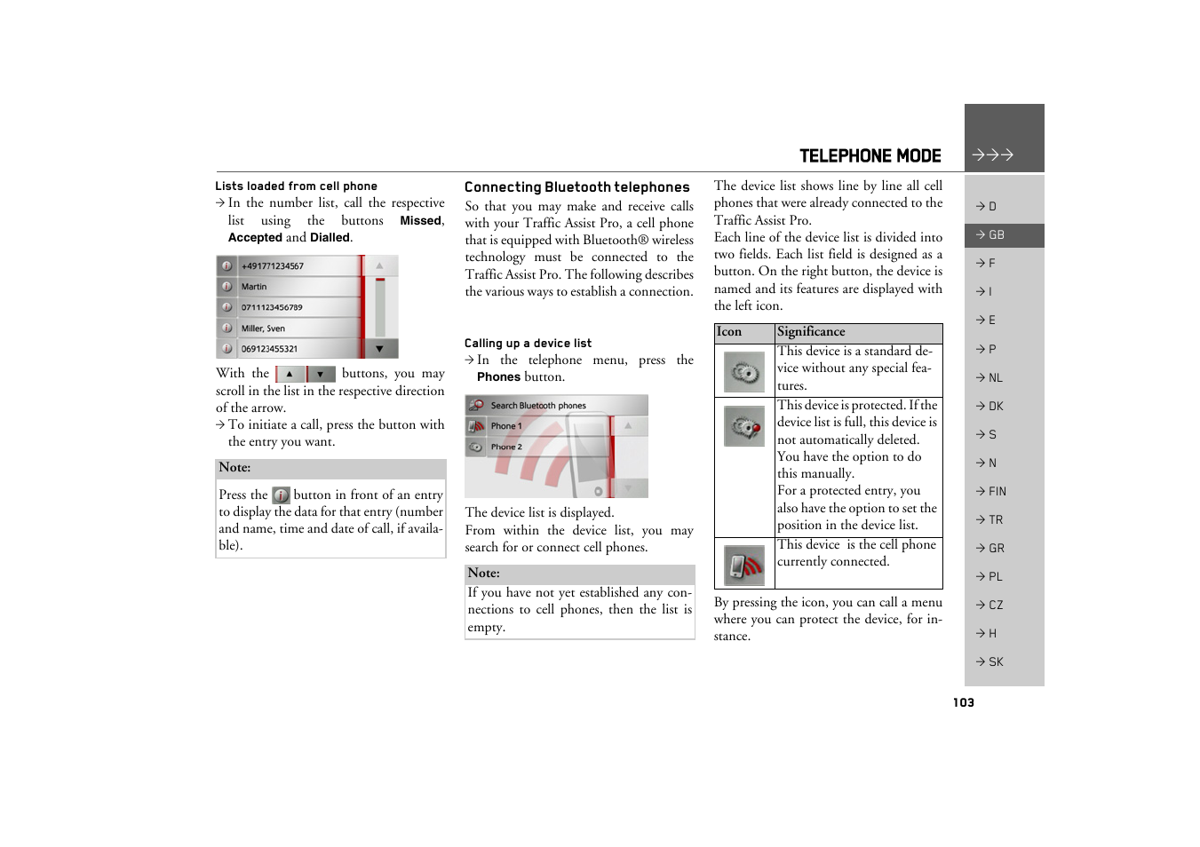 Lists loaded from cell phone, Connecting bluetooth telephones, Calling up a device list | Telephone mode | Becker TRAFFIC ASSIST PRO Z302 User Manual | Page 103 / 138