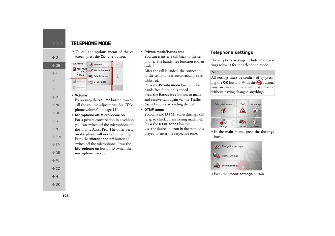 Telephone settings, Telephone mode | Becker TRAFFIC ASSIST PRO Z302 User Manual | Page 108 / 138