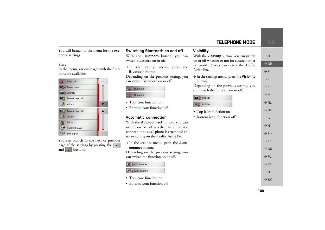 Switching bluetooth on and off, Automatic connection, Visibility | Telephone mode | Becker TRAFFIC ASSIST PRO Z302 User Manual | Page 109 / 138