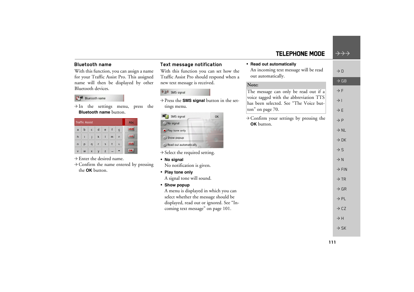 Bluetooth name, Text message notification, Telephone mode | Becker TRAFFIC ASSIST PRO Z302 User Manual | Page 111 / 138