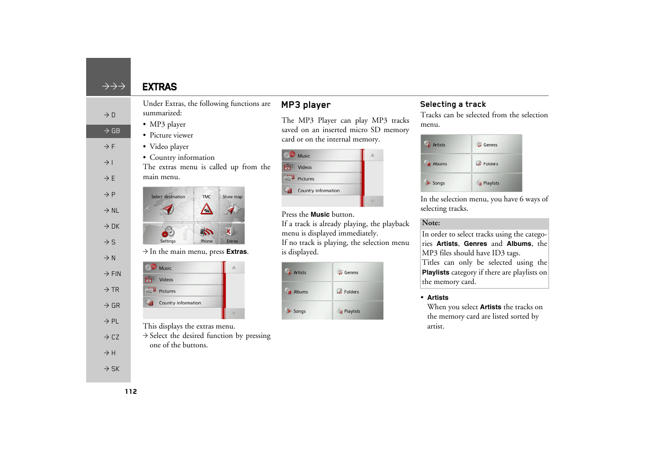 Extras, Mp3 player, Selecting a track | Becker TRAFFIC ASSIST PRO Z302 User Manual | Page 112 / 138