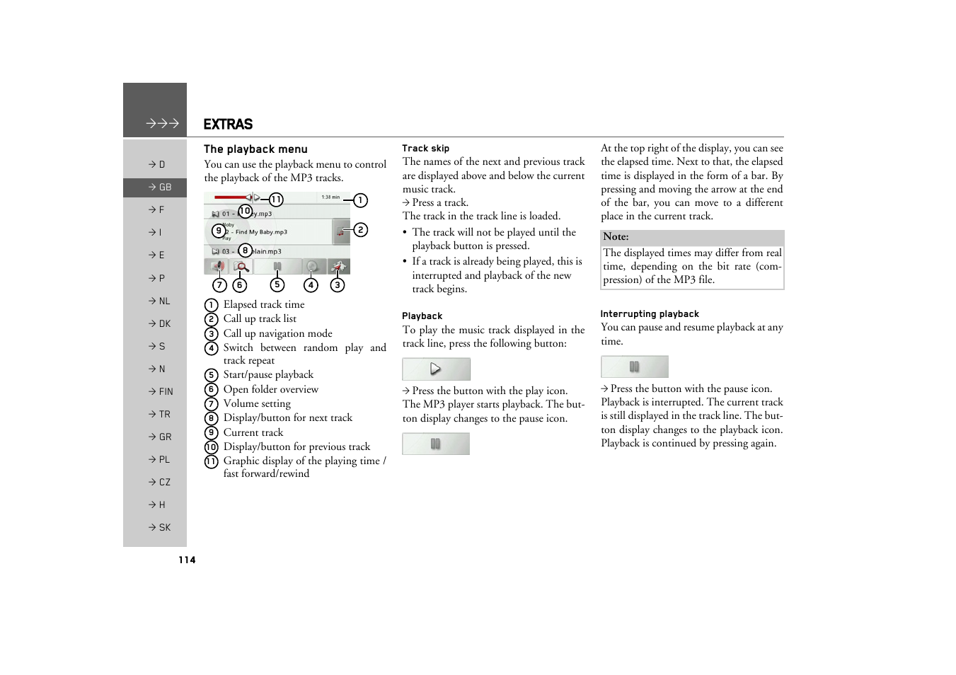 The playback menu, Track skip, Playback | Interrupting playback, Extras | Becker TRAFFIC ASSIST PRO Z302 User Manual | Page 114 / 138