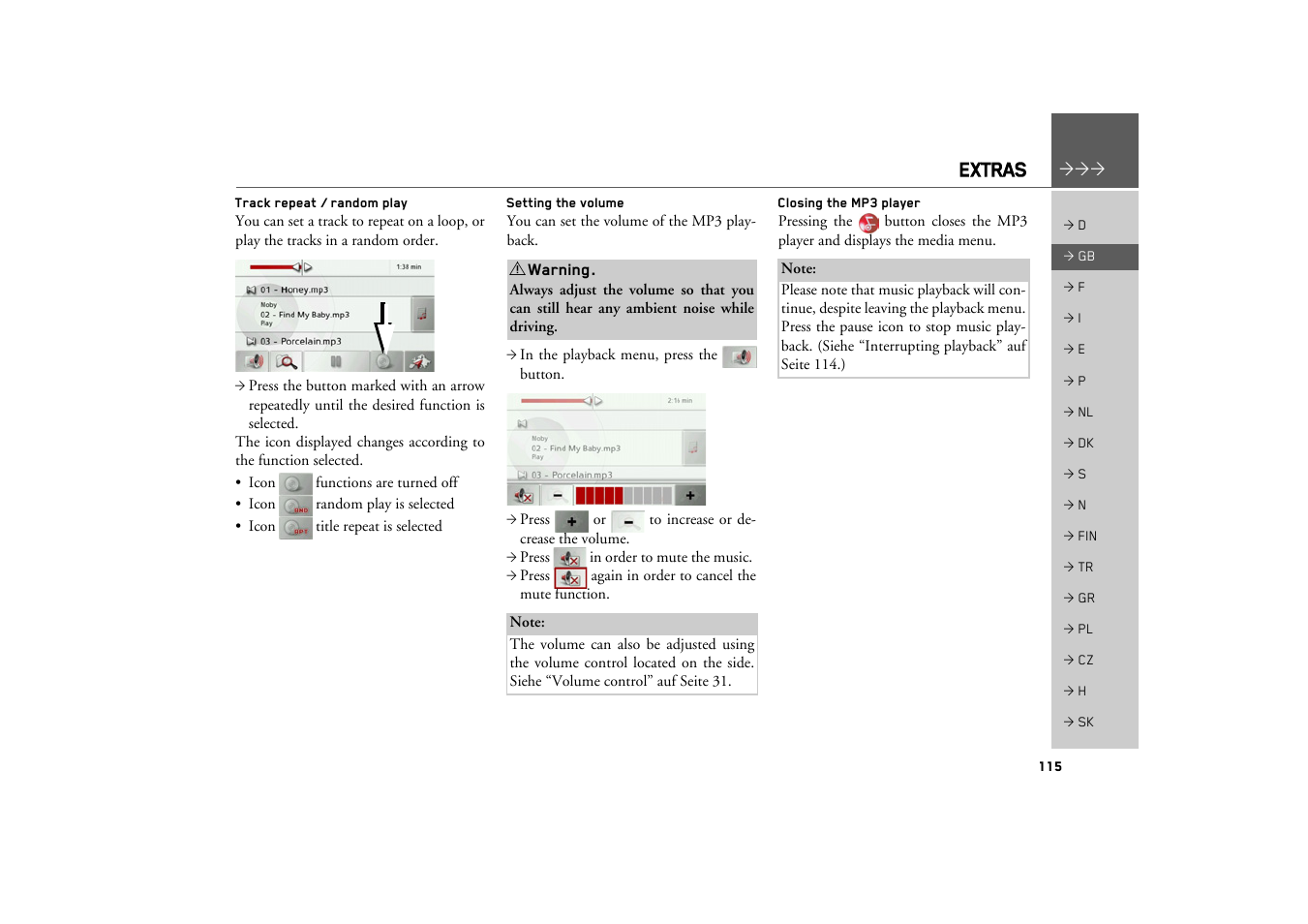 Track repeat / random play, Setting the volume, Closing the mp3 player | Extras | Becker TRAFFIC ASSIST PRO Z302 User Manual | Page 115 / 138