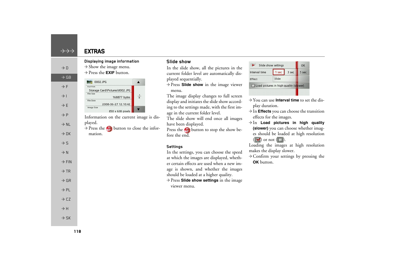 Displaying image information, Slide show, Settings | Extras | Becker TRAFFIC ASSIST PRO Z302 User Manual | Page 118 / 138