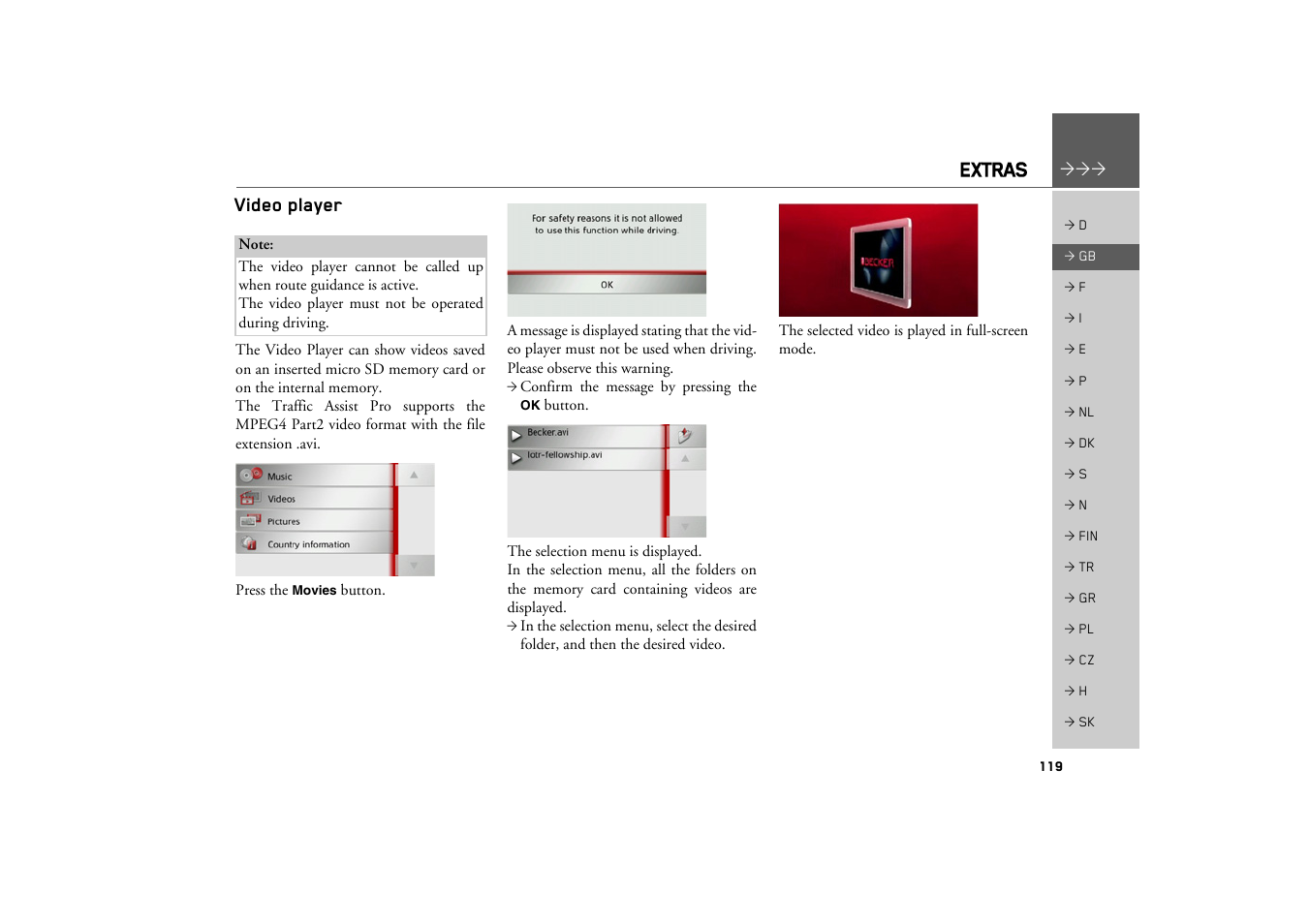 Video player, Extras | Becker TRAFFIC ASSIST PRO Z302 User Manual | Page 119 / 138