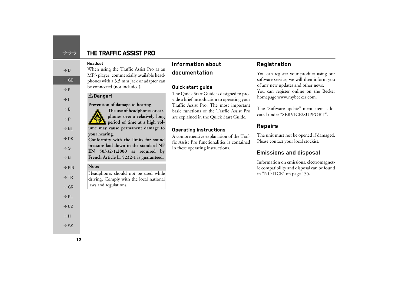 Headset, Information about documentation, Quick start guide | Operating instructions, Registration, Repairs, Emissions and disposal | Becker TRAFFIC ASSIST PRO Z302 User Manual | Page 12 / 138