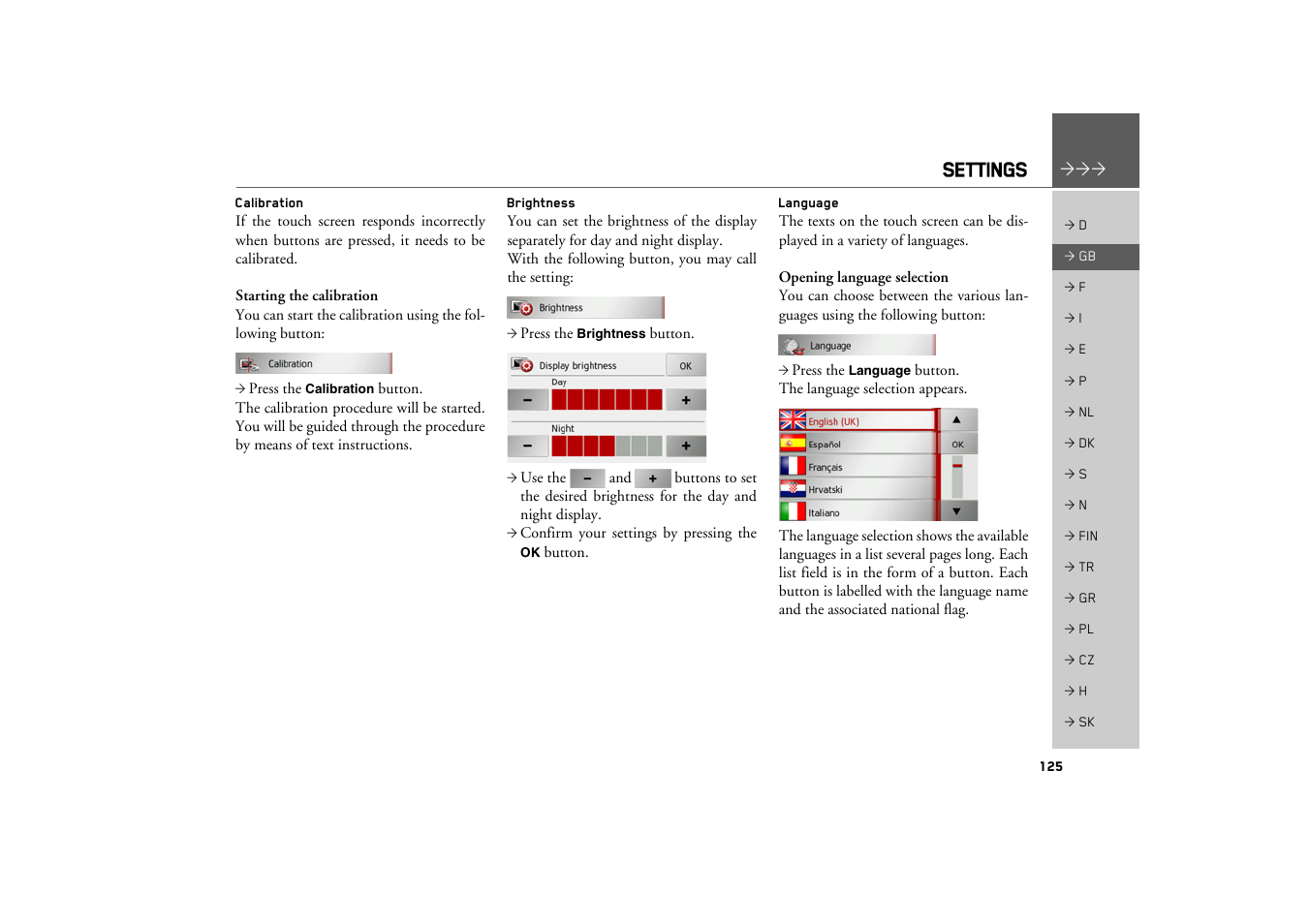 Calibration, Brightness, Language | Settings | Becker TRAFFIC ASSIST PRO Z302 User Manual | Page 125 / 138