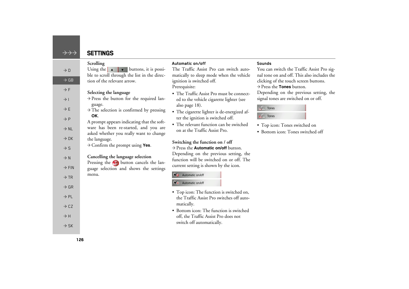 Automatic on/off, Sounds, Settings | Becker TRAFFIC ASSIST PRO Z302 User Manual | Page 126 / 138