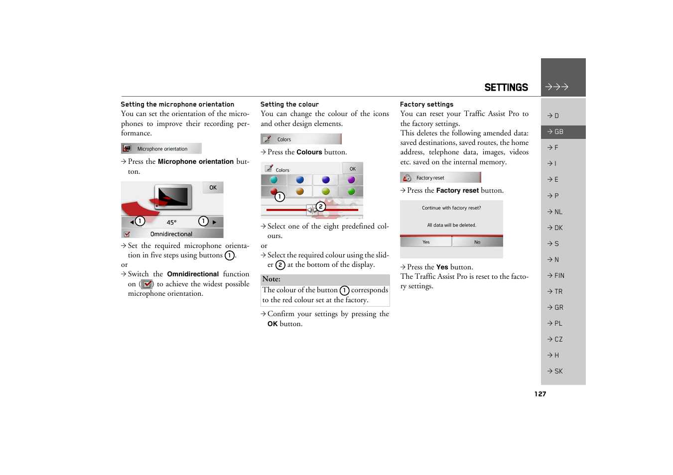 Setting the microphone orientation, Setting the colour, Factory settings | Settings | Becker TRAFFIC ASSIST PRO Z302 User Manual | Page 127 / 138