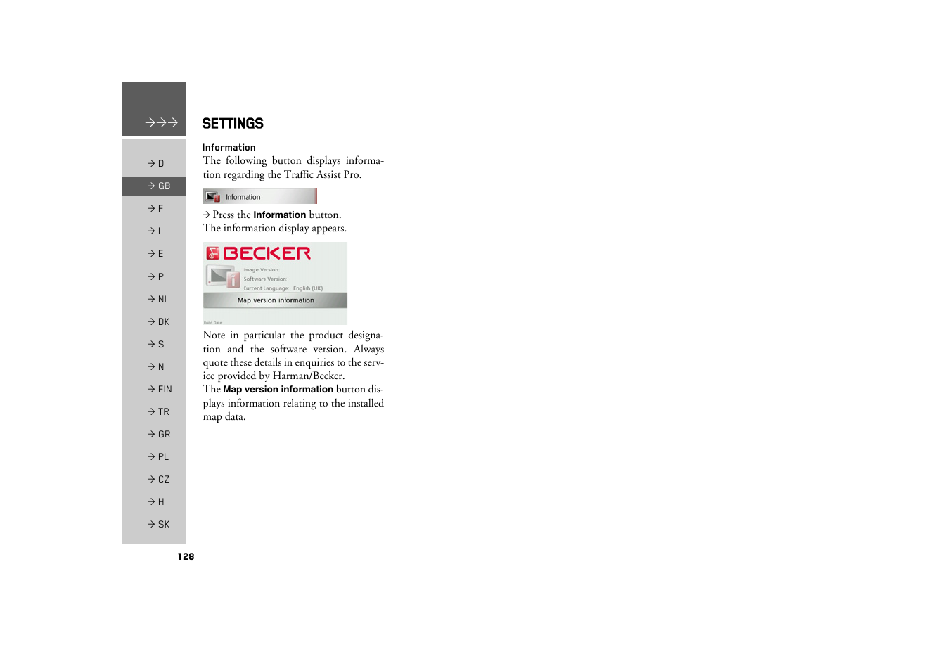 Information, Settings | Becker TRAFFIC ASSIST PRO Z302 User Manual | Page 128 / 138