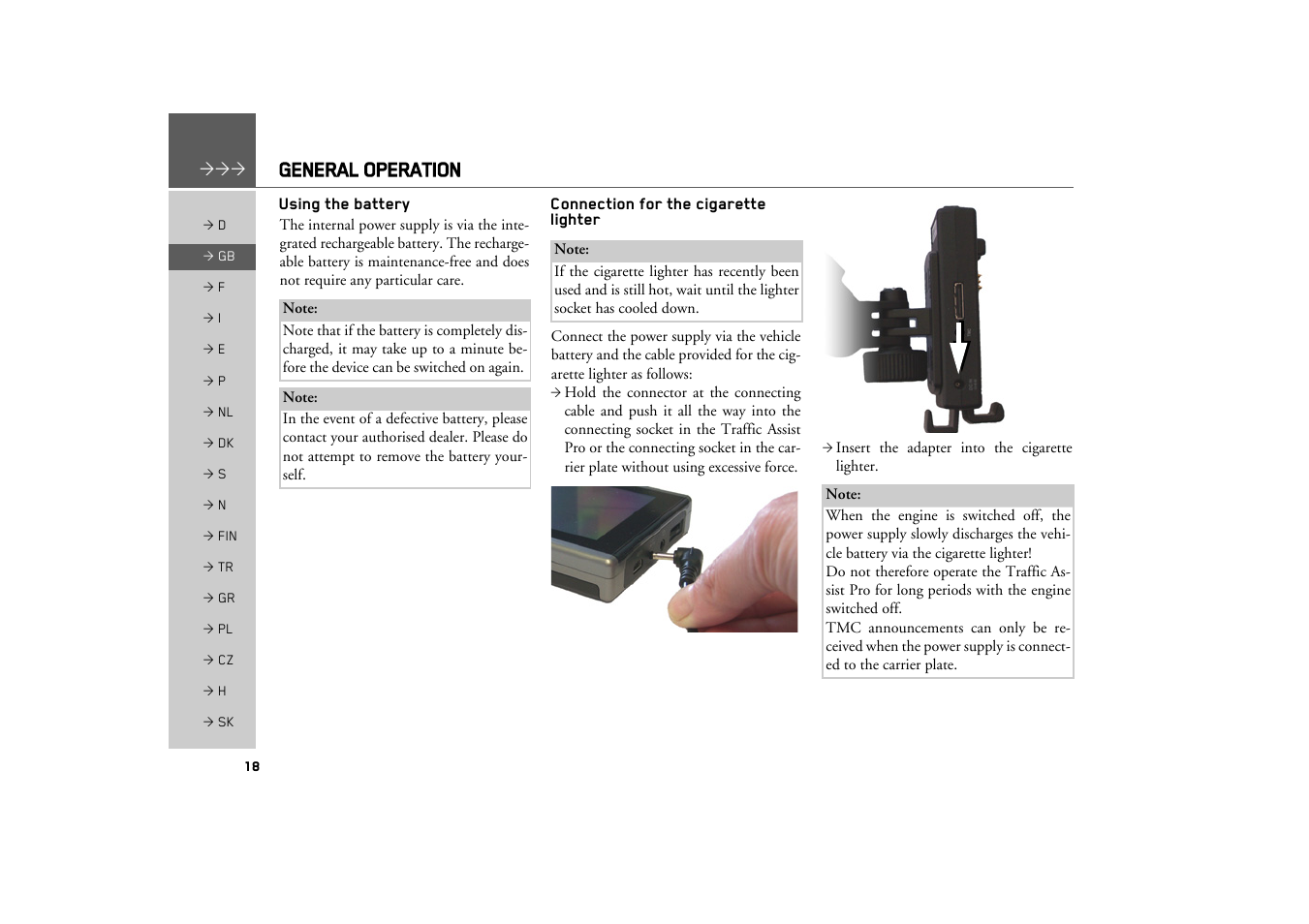 Using the battery, Connection for the cigarette lighter, General operation | Becker TRAFFIC ASSIST PRO Z302 User Manual | Page 18 / 138