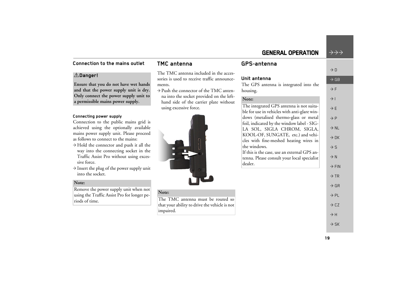 Connection to the mains outlet, Connecting power supply, Tmc antenna | Gps-antenna, Unit antenna, General operation | Becker TRAFFIC ASSIST PRO Z302 User Manual | Page 19 / 138