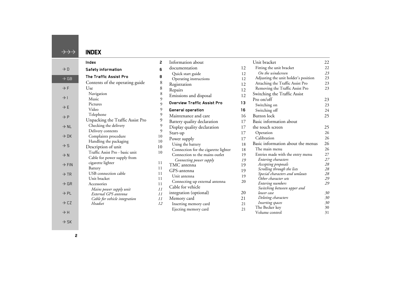 Index | Becker TRAFFIC ASSIST PRO Z302 User Manual | Page 2 / 138