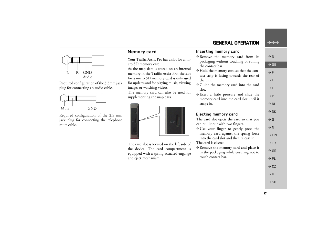 Memory card, Inserting memory card, Ejecting memory card | General operation | Becker TRAFFIC ASSIST PRO Z302 User Manual | Page 21 / 138
