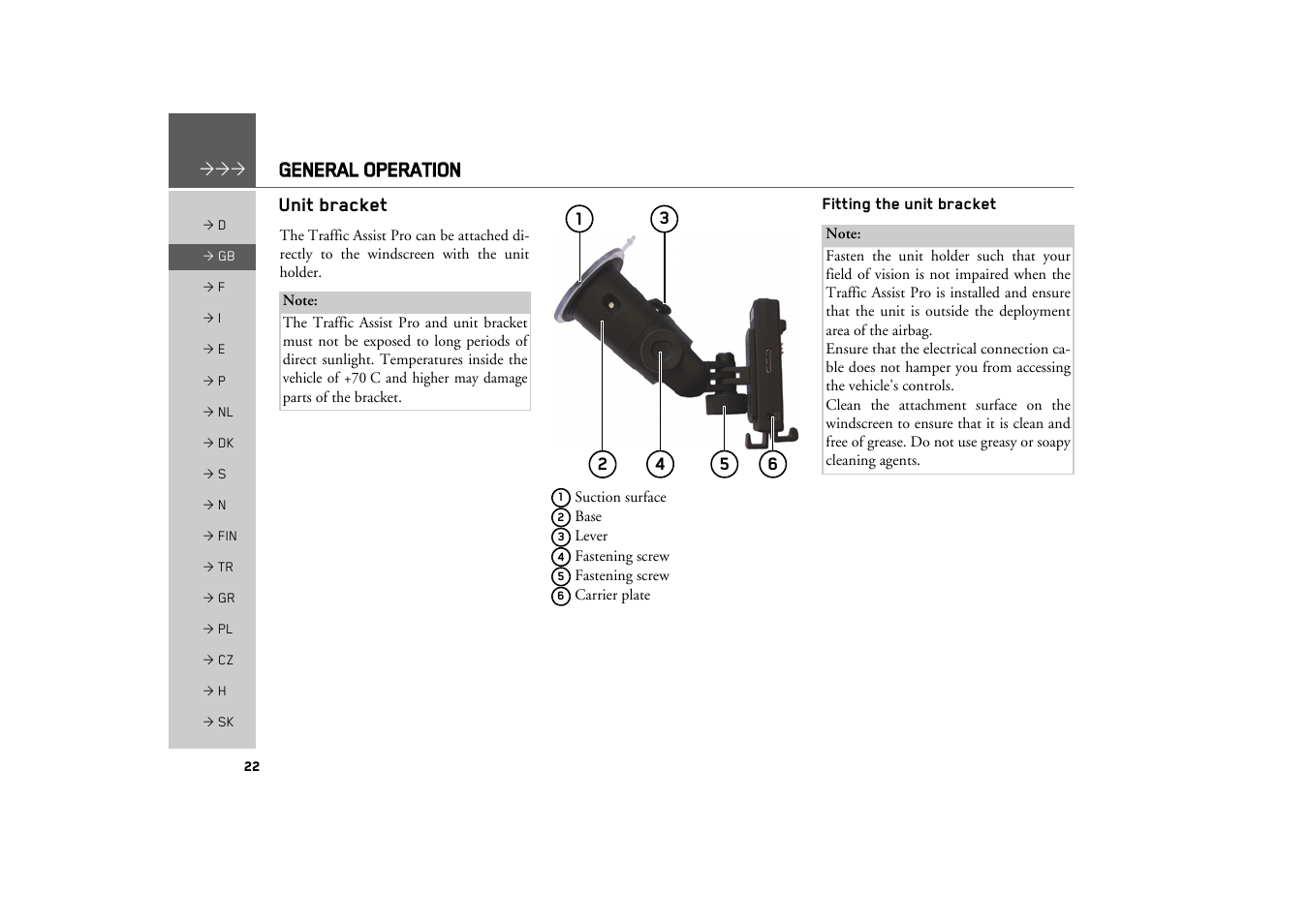 Unit bracket, Fitting the unit bracket | Becker TRAFFIC ASSIST PRO Z302 User Manual | Page 22 / 138