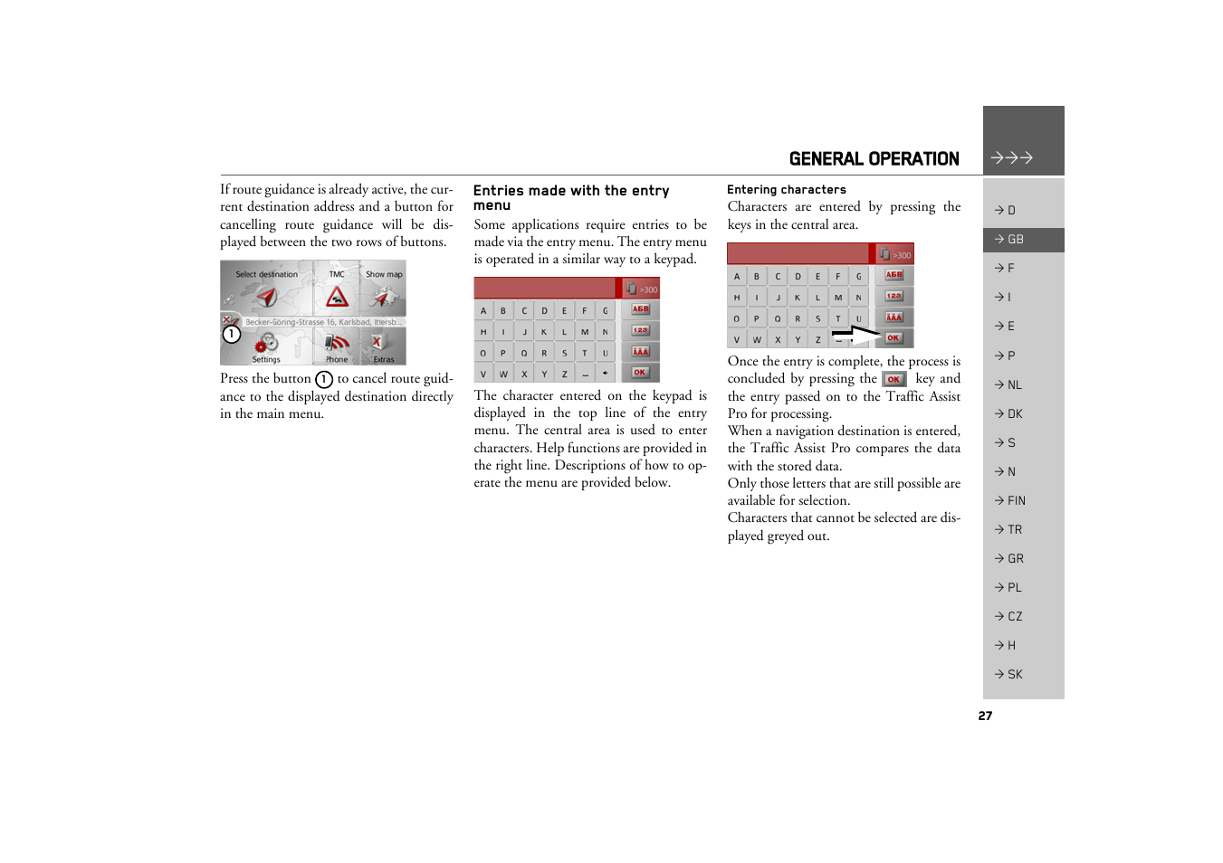 Entries made with the entry menu, Entering characters, General operation | Becker TRAFFIC ASSIST PRO Z302 User Manual | Page 27 / 138