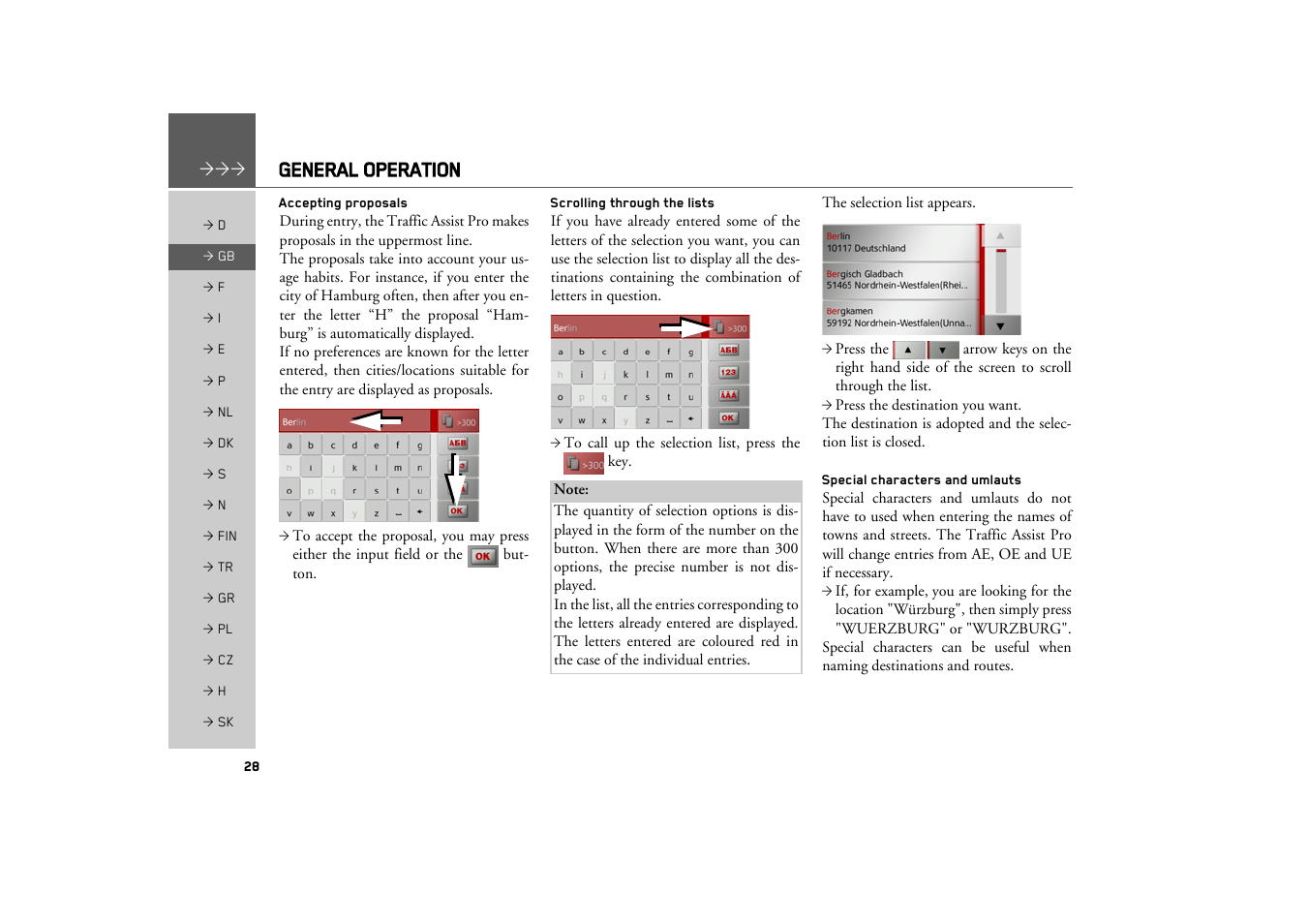 Accepting proposals, Scrolling through the lists, Special characters and umlauts | General operation | Becker TRAFFIC ASSIST PRO Z302 User Manual | Page 28 / 138