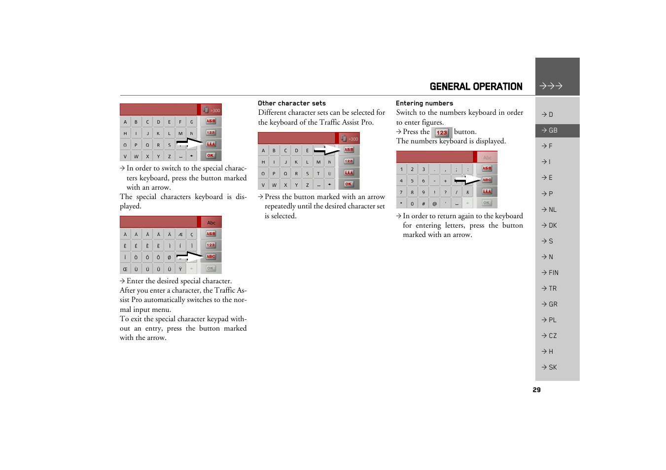 Other character sets, Entering numbers, General operation | Becker TRAFFIC ASSIST PRO Z302 User Manual | Page 29 / 138