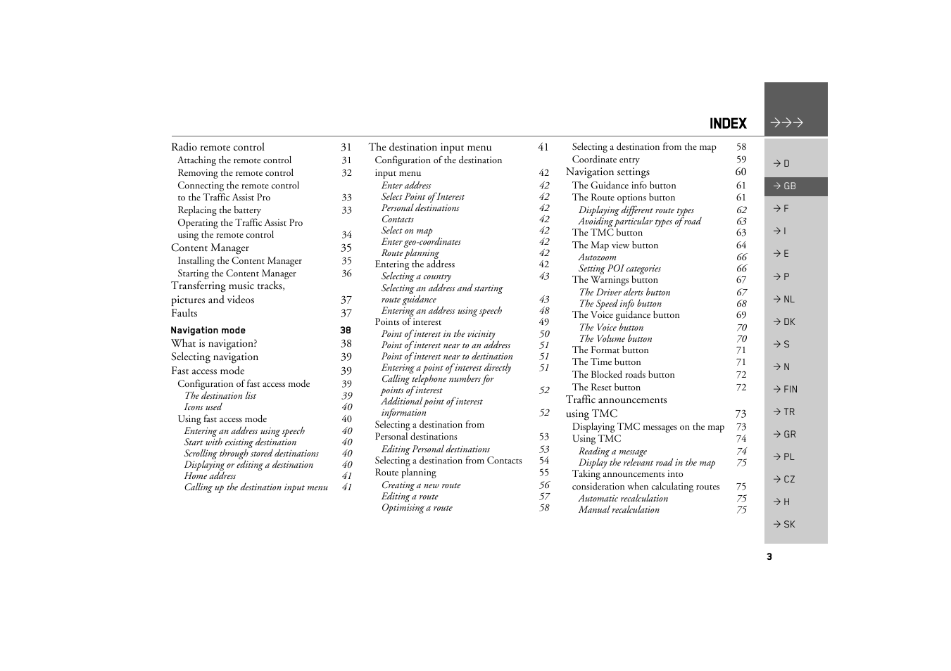 Index | Becker TRAFFIC ASSIST PRO Z302 User Manual | Page 3 / 138