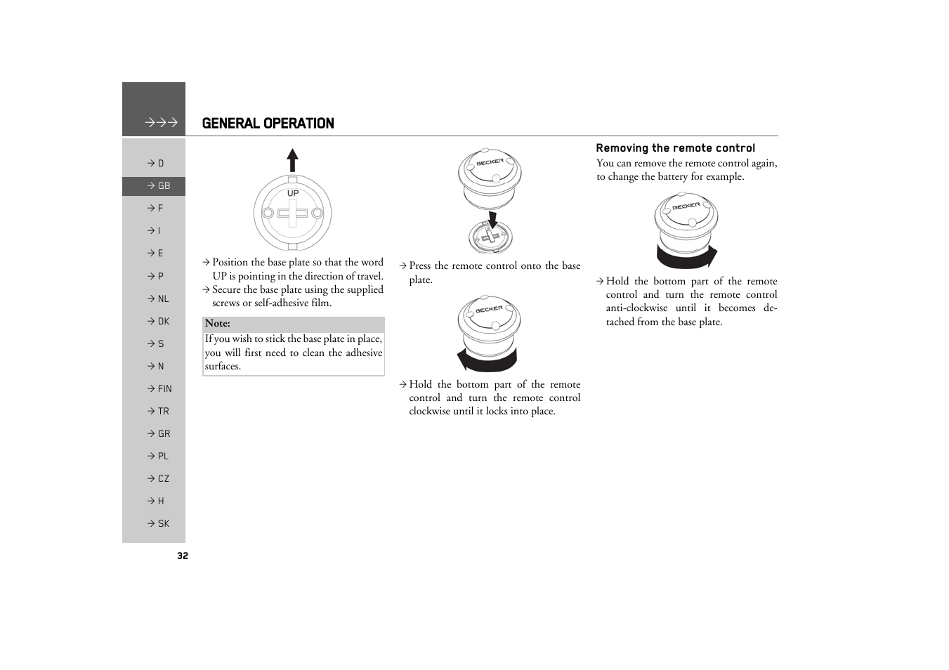 Removing the remote control, General operation | Becker TRAFFIC ASSIST PRO Z302 User Manual | Page 32 / 138