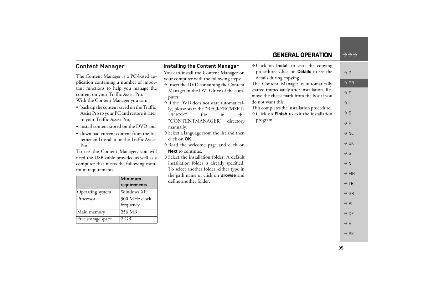 Content manager, Installing the content manager, General operation | Becker TRAFFIC ASSIST PRO Z302 User Manual | Page 35 / 138