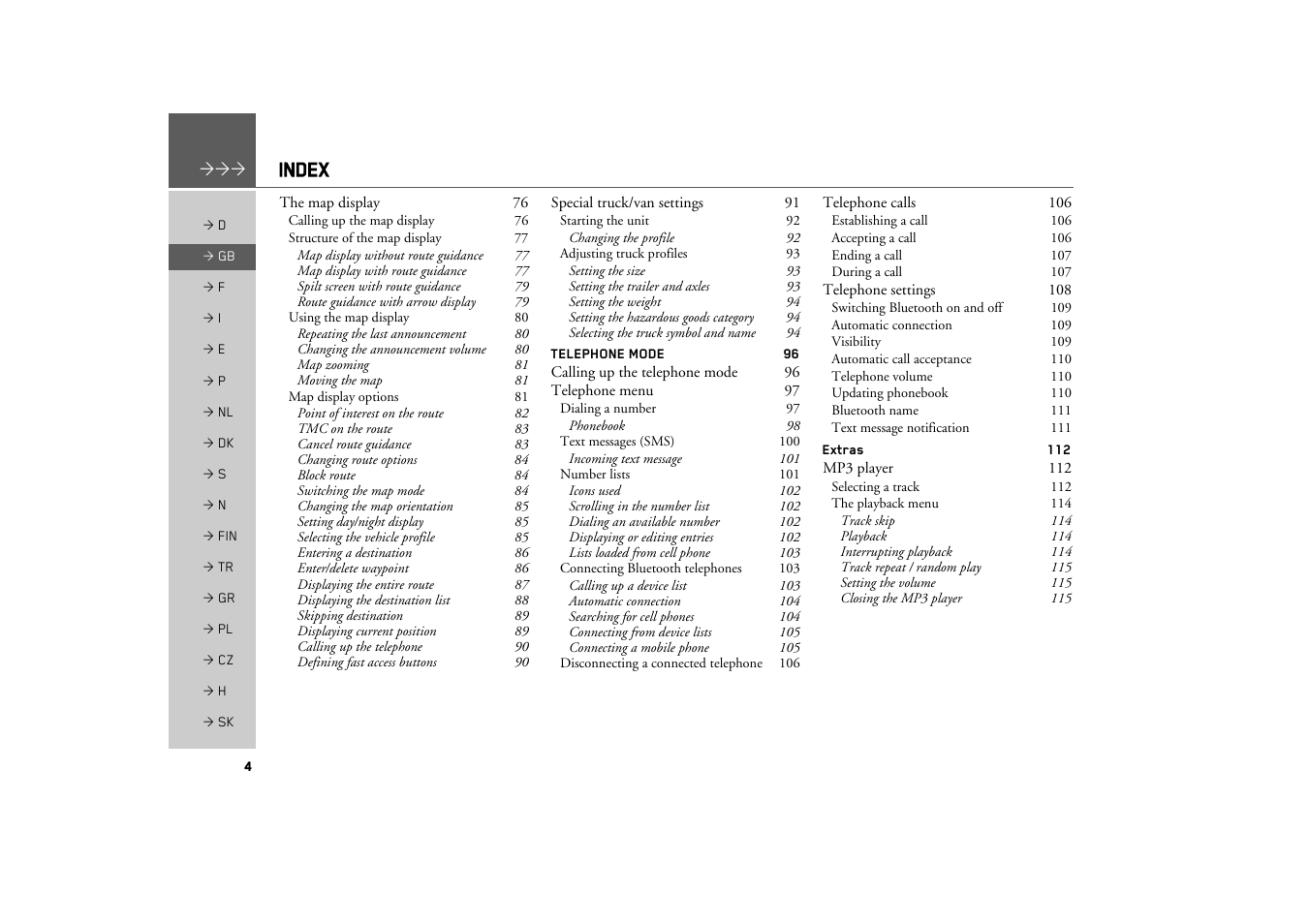 Index | Becker TRAFFIC ASSIST PRO Z302 User Manual | Page 4 / 138