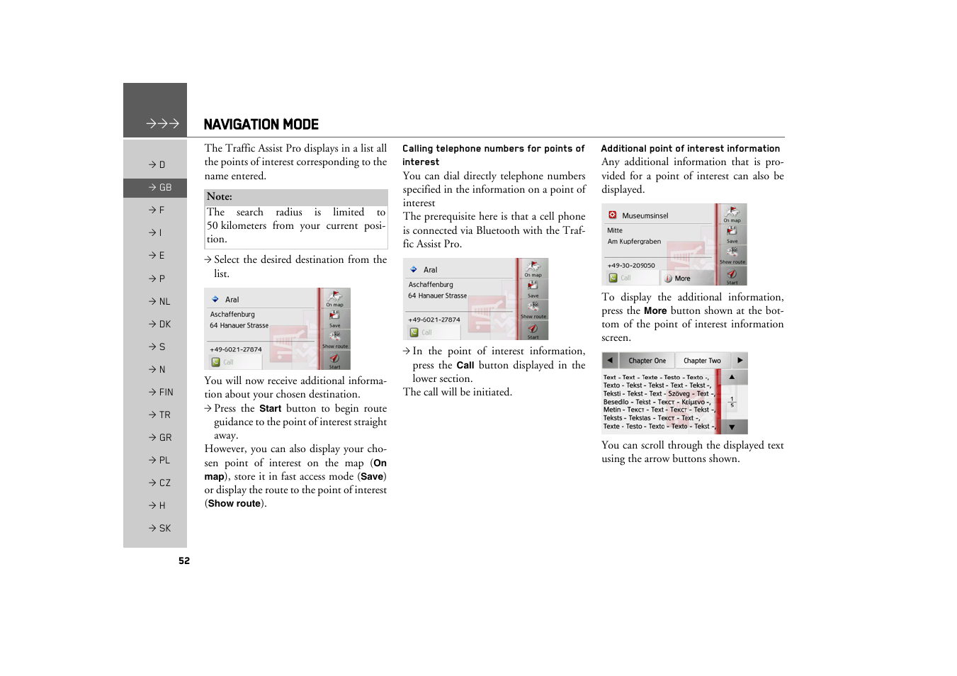 Calling telephone numbers for points of interest, Additional point of interest information, Calling telephone numbers for | Points of interest, Additional point of interest, Information, Navigation mode | Becker TRAFFIC ASSIST PRO Z302 User Manual | Page 52 / 138