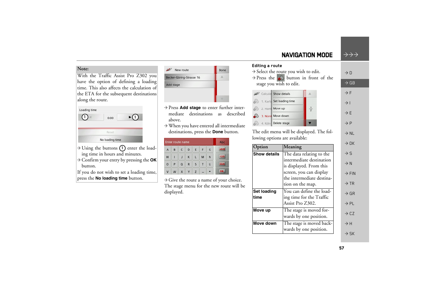 Editing a route, Navigation mode | Becker TRAFFIC ASSIST PRO Z302 User Manual | Page 57 / 138