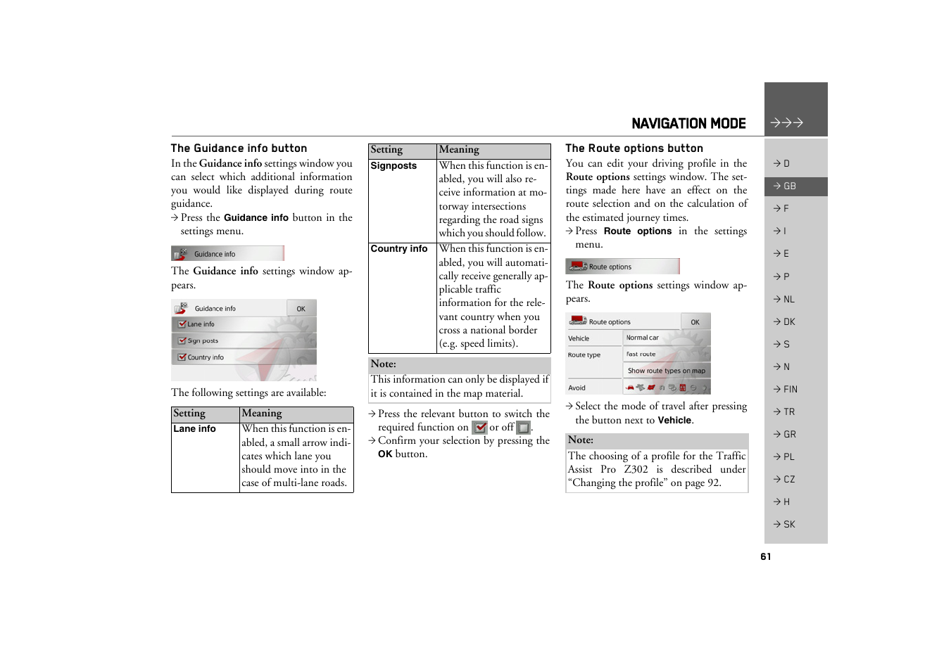 The guidance info button, The route options button, Navigation mode | Becker TRAFFIC ASSIST PRO Z302 User Manual | Page 61 / 138