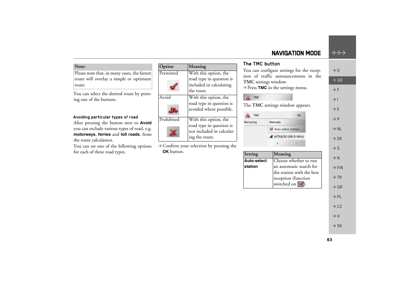 Avoiding particular types of road, The tmc button, Navigation mode | Becker TRAFFIC ASSIST PRO Z302 User Manual | Page 63 / 138