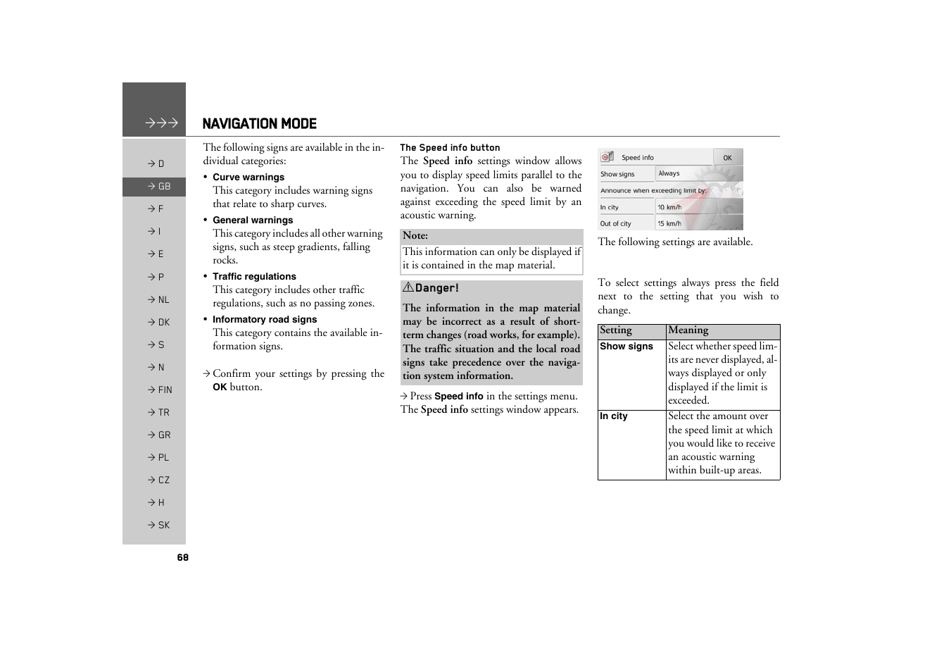 The speed info button, Navigation mode | Becker TRAFFIC ASSIST PRO Z302 User Manual | Page 68 / 138