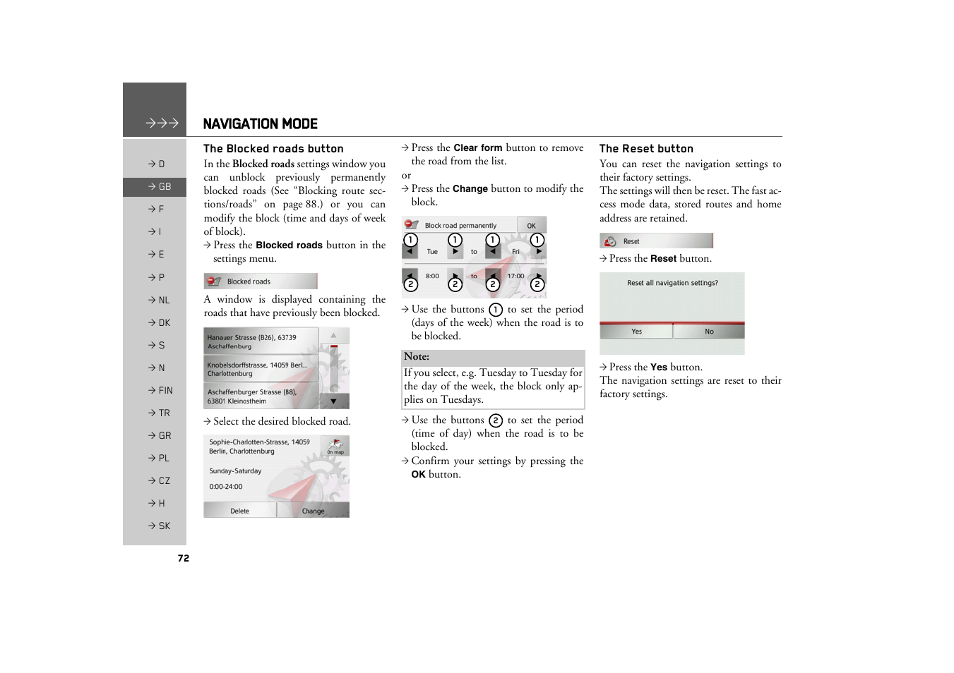 The blocked roads button, The reset button, Navigation mode | Becker TRAFFIC ASSIST PRO Z302 User Manual | Page 72 / 138
