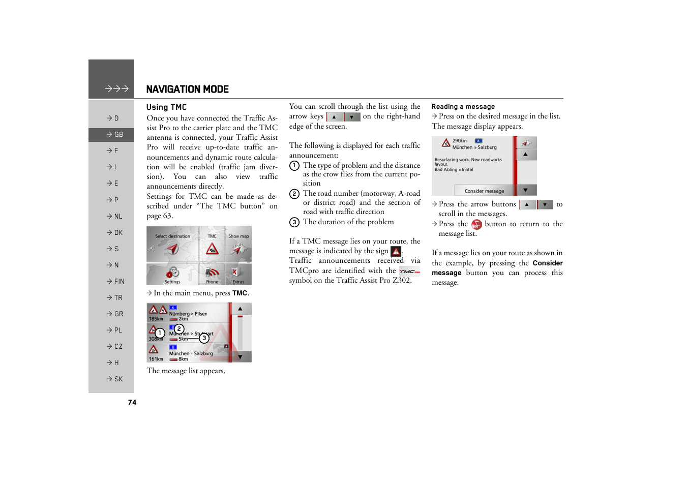 Using tmc, Reading a message, Navigation mode | Becker TRAFFIC ASSIST PRO Z302 User Manual | Page 74 / 138