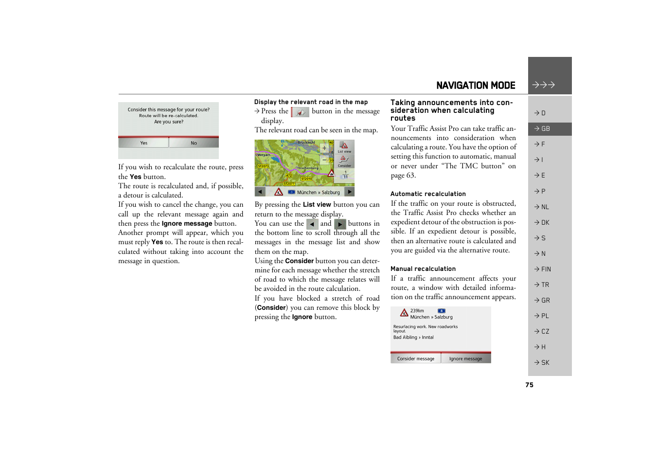 Display the relevant road in the map, Automatic recalculation, Manual recalculation | Navigation mode | Becker TRAFFIC ASSIST PRO Z302 User Manual | Page 75 / 138