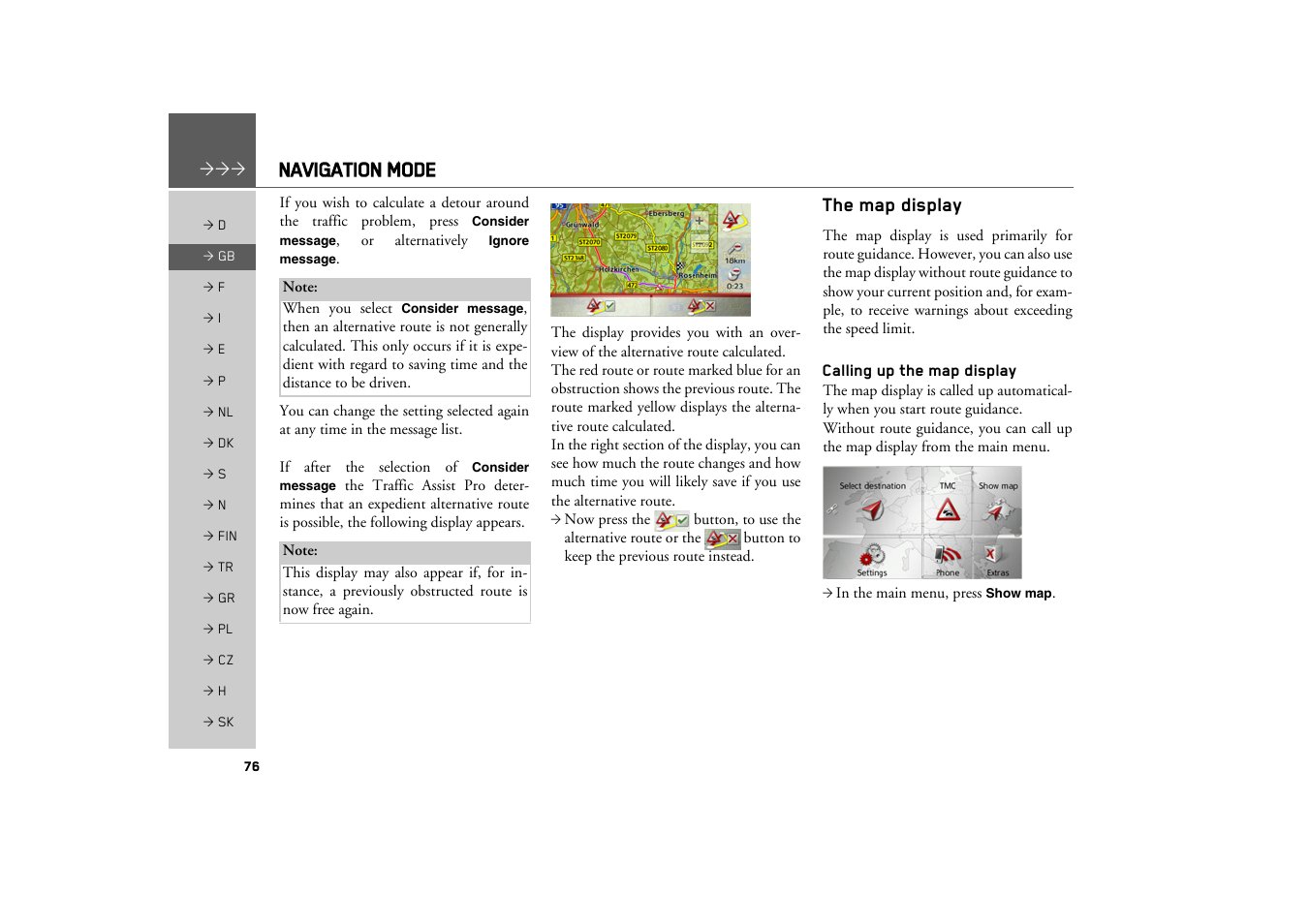 The map display, Calling up the map display, Navigation mode | Becker TRAFFIC ASSIST PRO Z302 User Manual | Page 76 / 138