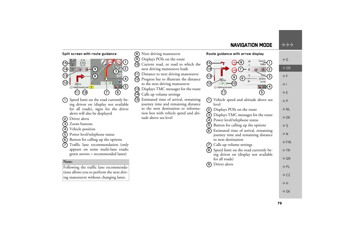 Spilt screen with route guidance, Route guidance with arrow display, Navigation mode | Becker TRAFFIC ASSIST PRO Z302 User Manual | Page 79 / 138