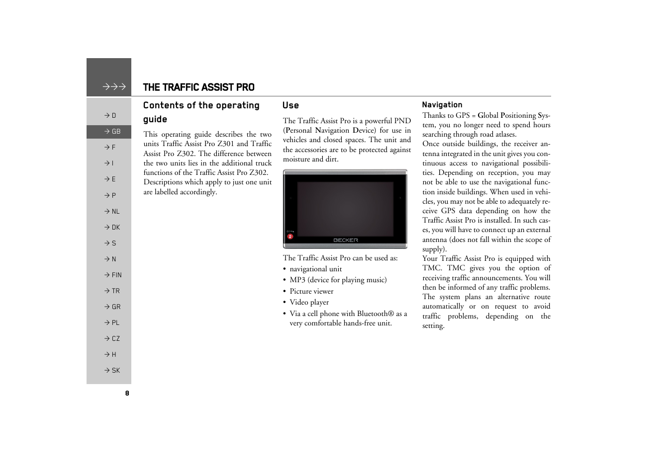The traffic assist pro, Contents of the operating guide, Navigation | Becker TRAFFIC ASSIST PRO Z302 User Manual | Page 8 / 138