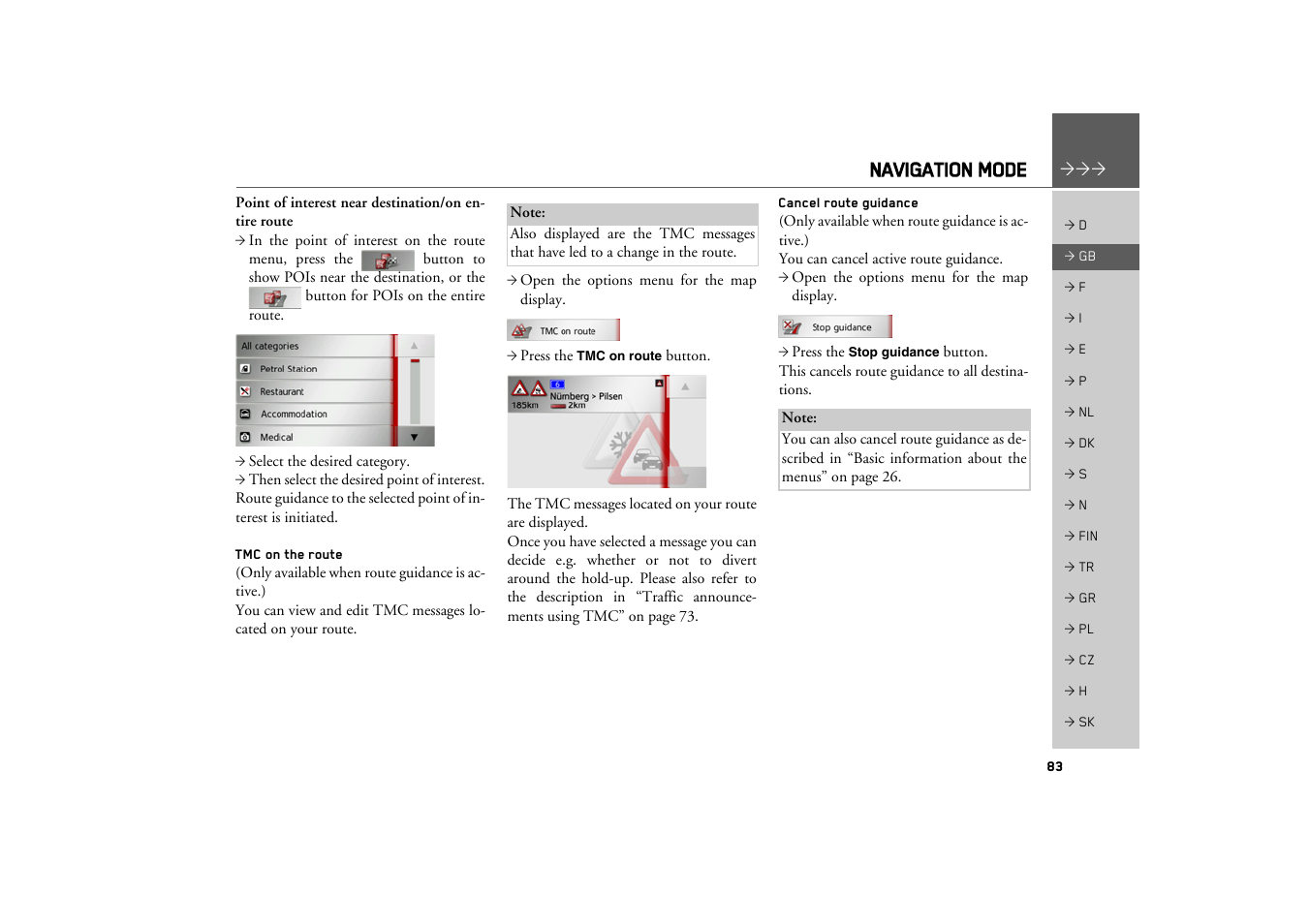 Tmc on the route, Cancel route guidance, Navigation mode | Becker TRAFFIC ASSIST PRO Z302 User Manual | Page 83 / 138
