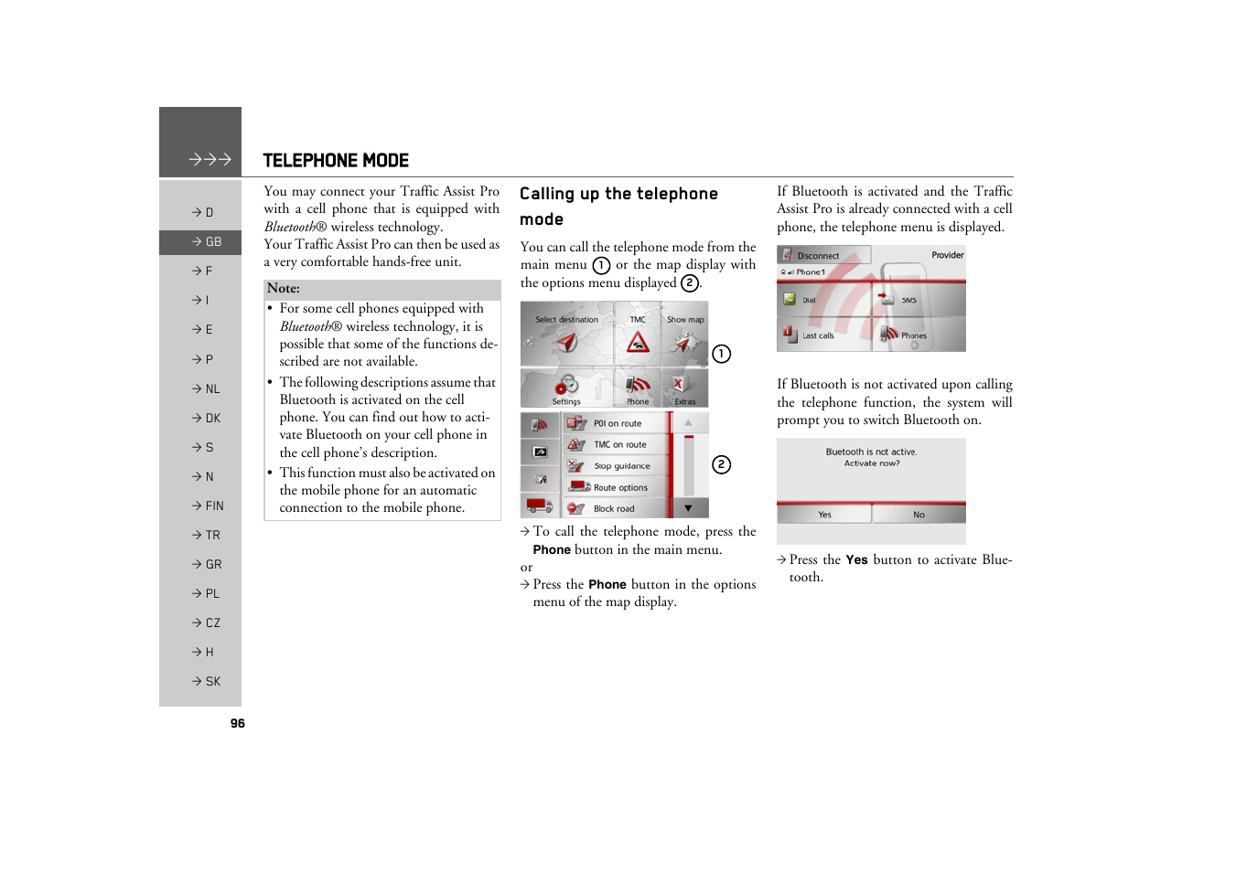 Telephone mode, Calling up the telephone mode | Becker TRAFFIC ASSIST PRO Z302 User Manual | Page 96 / 138